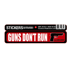 Guns don't run- 2nd amendment 1 x 5 inches mini bumper sticker Make a statement with these great designs sized perfectly for items like computers, cell phones or bigger items like your car! Dimensions: 1" x 5 inch -Printed vinyl -Outdoor durable and ultra removable -Waterproof